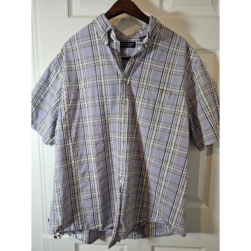Roundtree & XL Plaid  Button Down  Short Sleeve Casual Men Shirt 100% Cotton